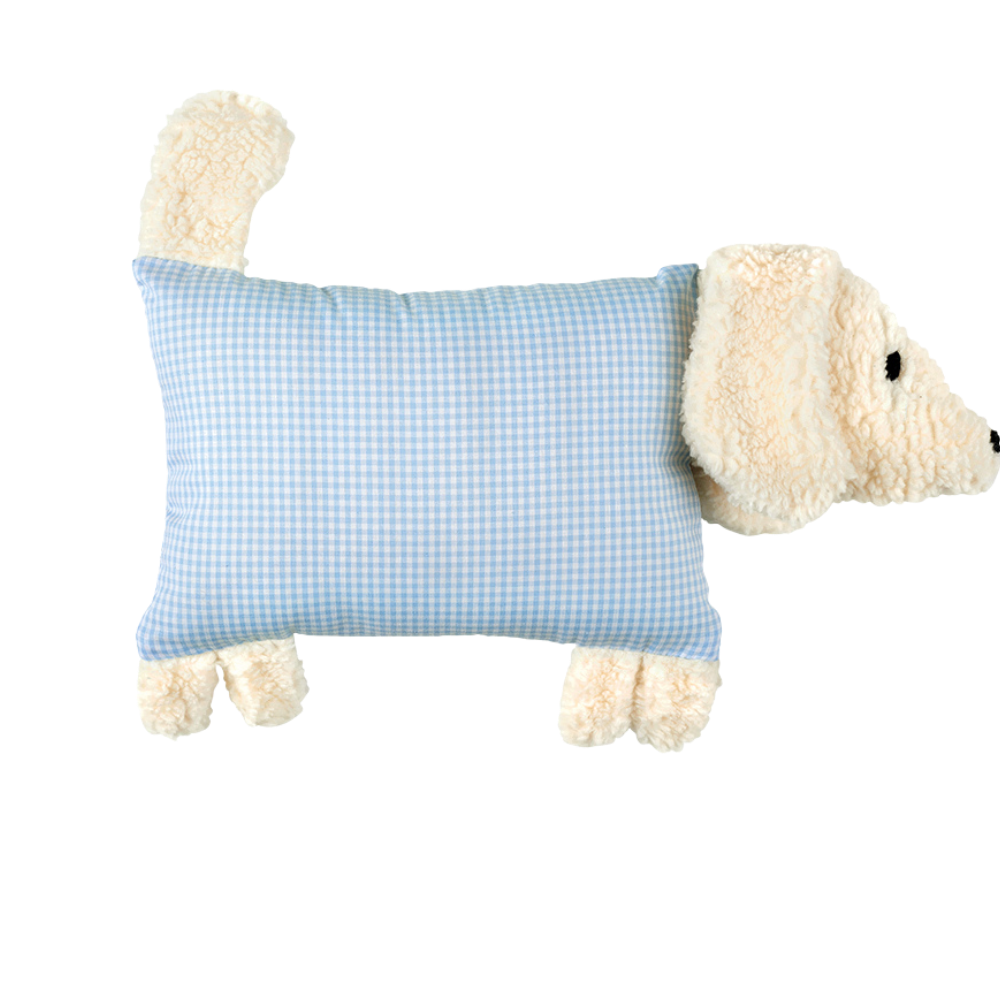 Kuschelhund mit blau-weißem Vichykaro auf dem Stoffkörper.