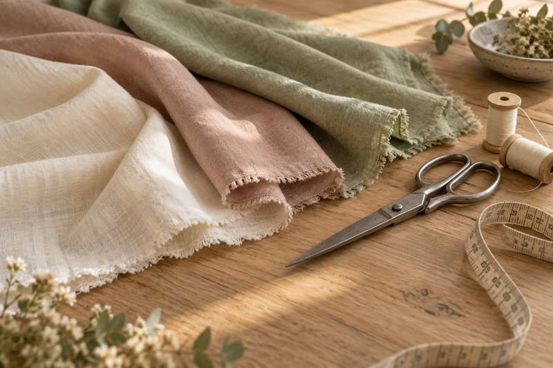 AI-generated mood image: cream, dusty-rose and sage fabrics with scissors, thread and a measuring tape on a worktable.