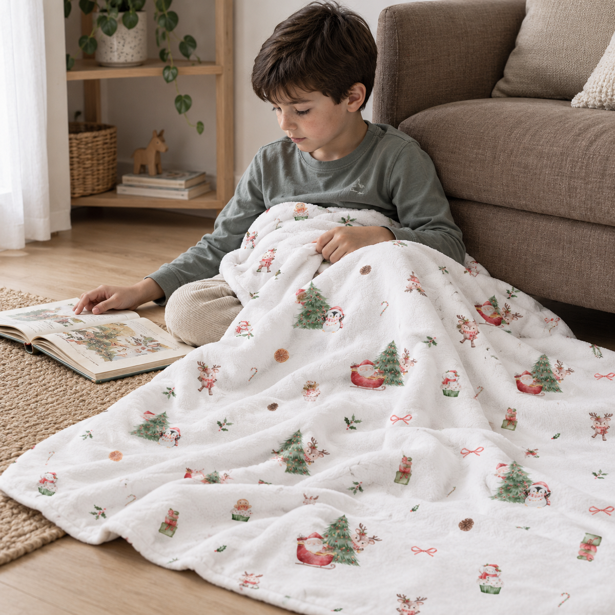 Kind liest am Boden, eingekuschelt in die Kuscheldecke „Nordic Santa“.