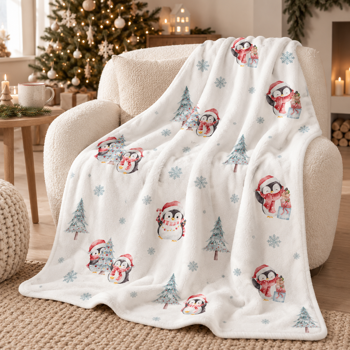 Kuscheldecke „Pinguine“ über einem Sessel im gemütlichen Wohnraum.