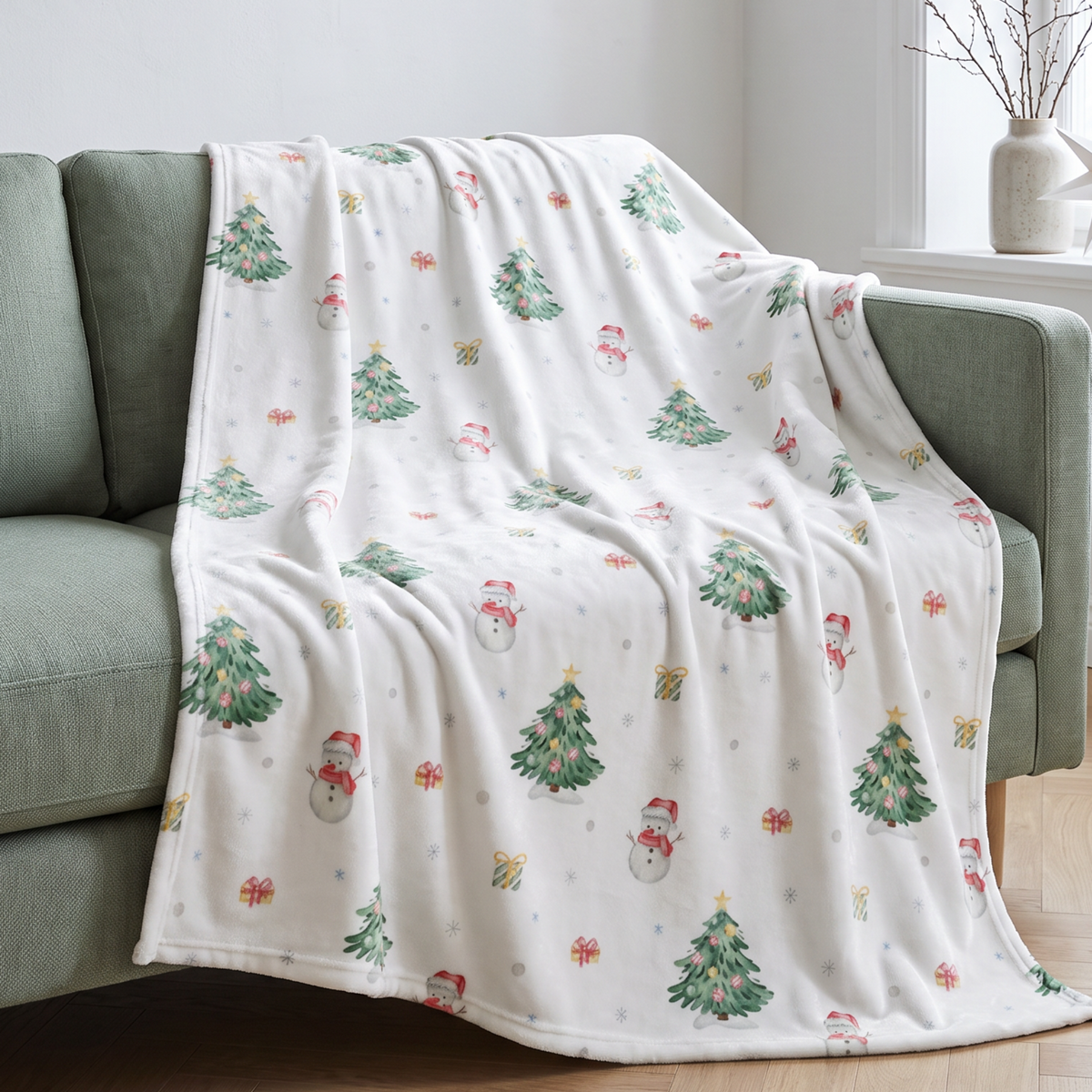 Kuscheldecke „Schneemann“ über einem Sofa drapiert.