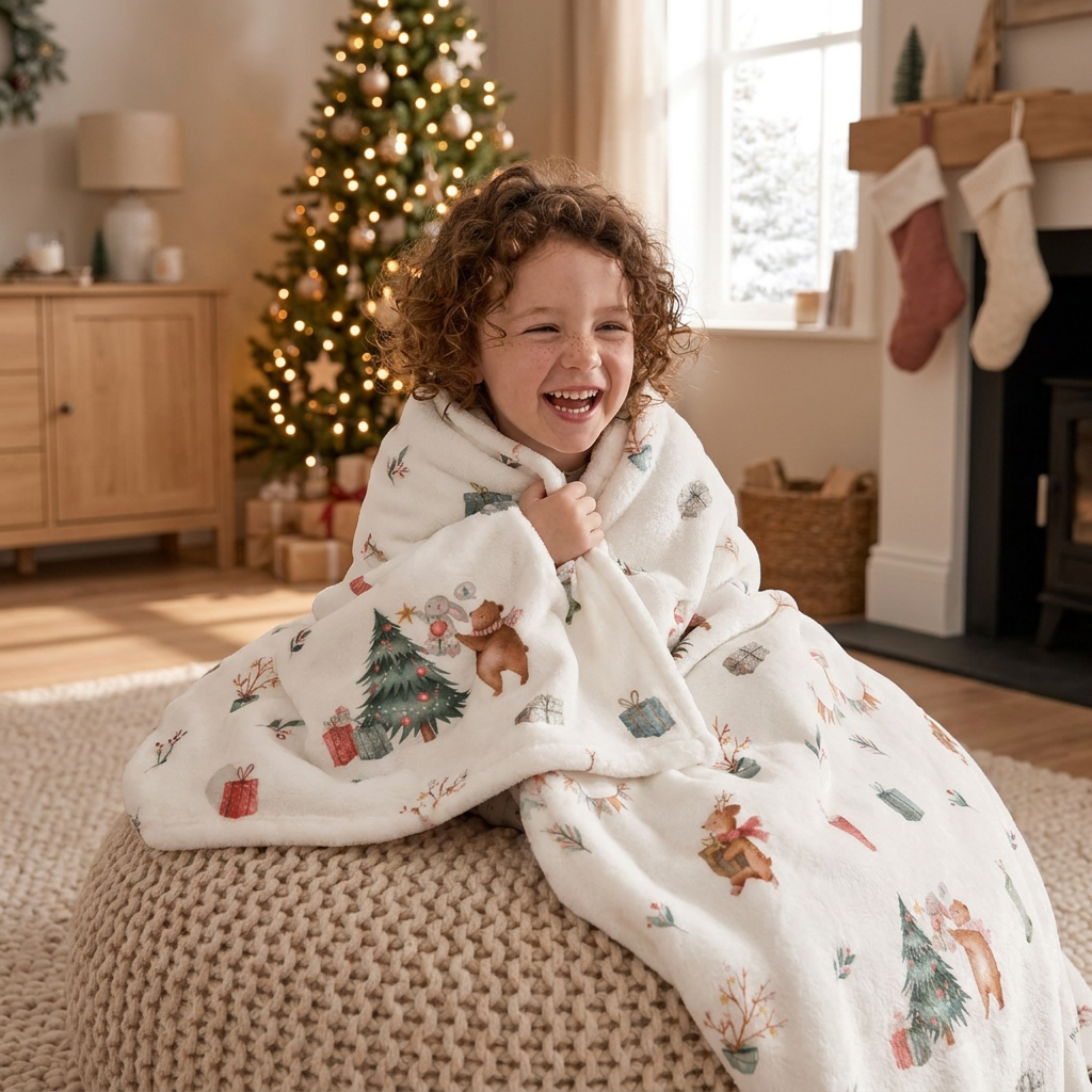 Kind auf einem Strickpouf, eingekuschelt in die Kuscheldecke „Weihnachtswald“.