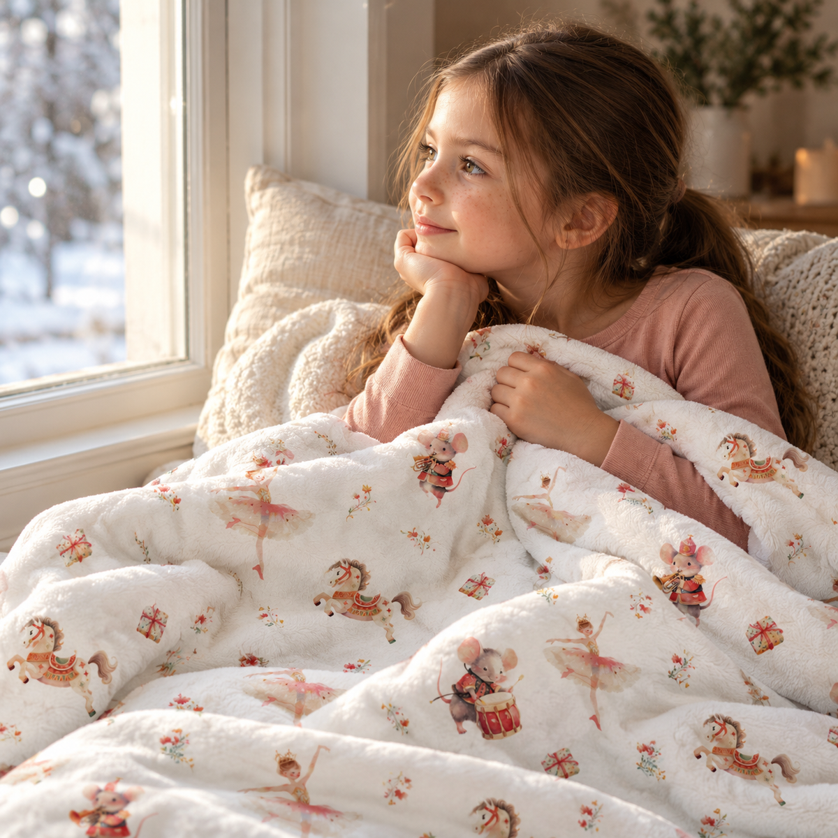 Kind am Fenster, eingekuschelt in die Kuscheldecke „Winterballett“.
