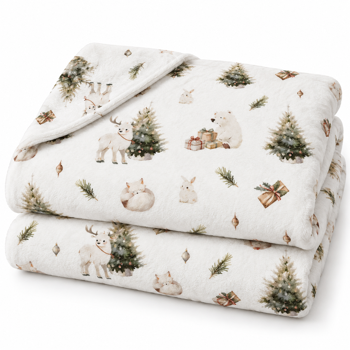 The “Winter Forest” plush blanket folded with a turned-back corner on a white background.