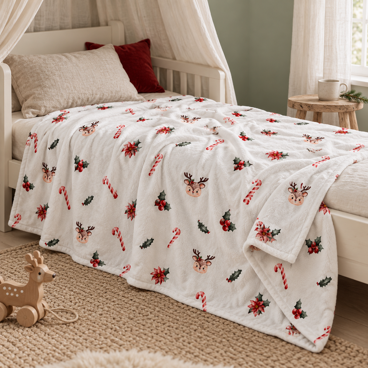Kuscheldecke „Zuckerstangen und Rehe“ auf einem Bett ausgebreitet.