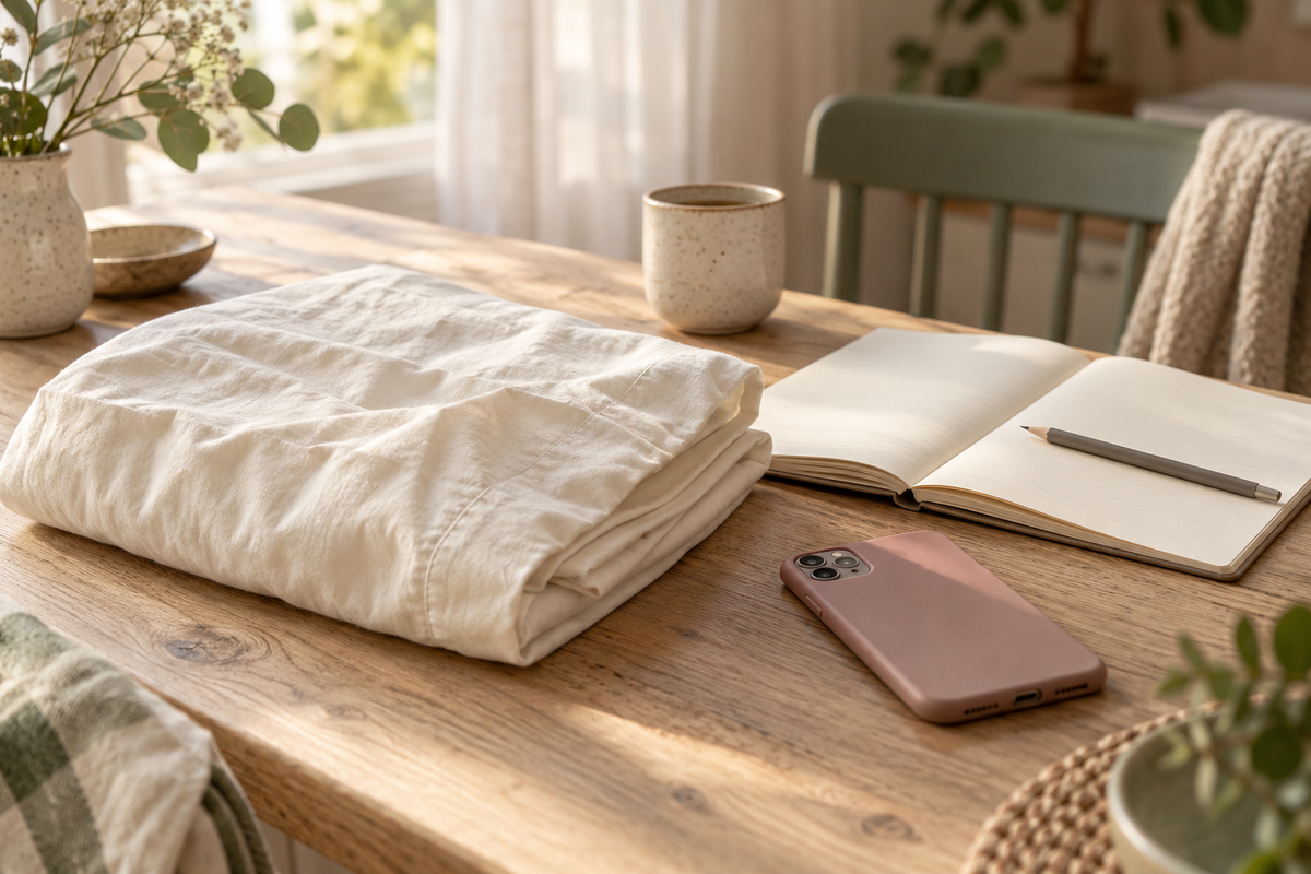 KI-generiertes Stimmungsbild: Ein heller Baumwollstoff, ein Notizbuch und ein Telefon auf einem Holztisch.