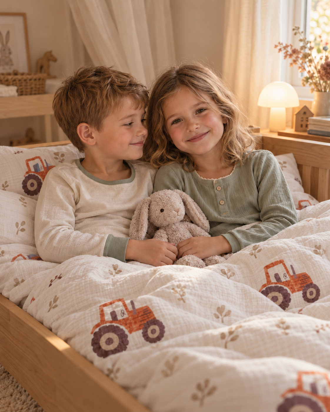 Scène générée par IA : un garçon et une fille câlinent un lapin en peluche sous une couette au motif tracteur Leslis.