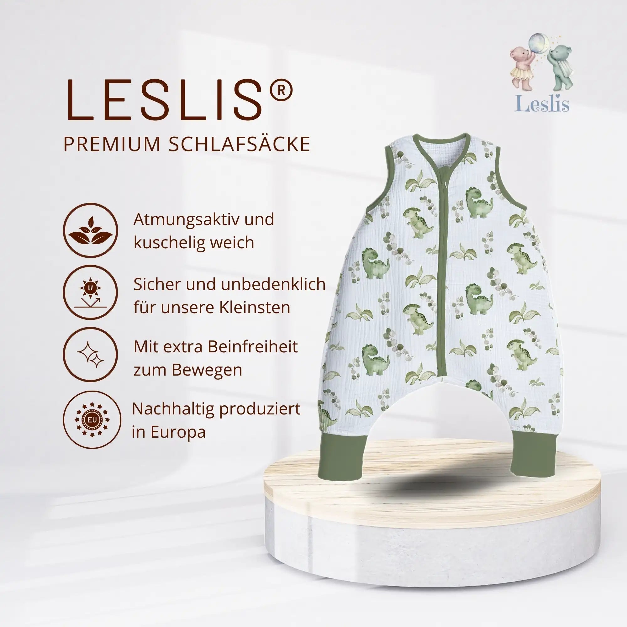 "Eukalyptus Dinos" Premium Schlafsack mit Füßen aus Musselin 0.5 TOG - Leslis