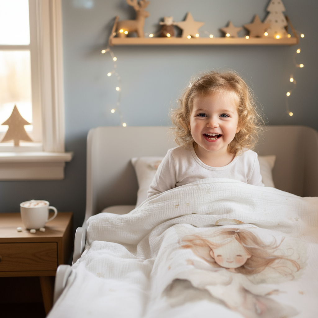 Kind sitzt vor einer Lichterkette unter Leslis-Kinderbettwäsche „Christkind“.