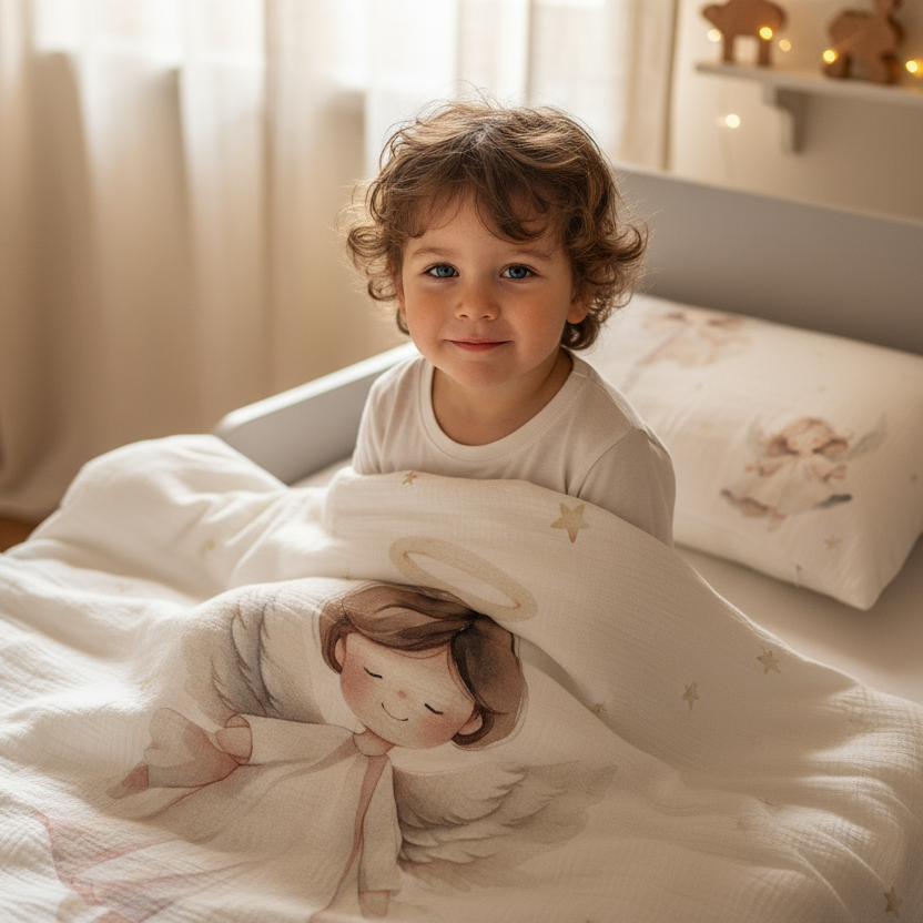 Kind sitzt mit einer Stoffpuppe unter Leslis-Kinderbettwäsche „Christkind“.