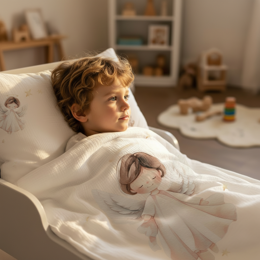 Kind liegt mit einer Stoffpuppe unter Leslis-Kinderbettwäsche „Christkind“ und schaut zur Seite.