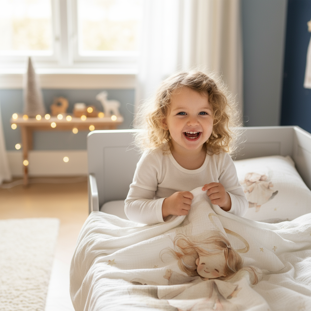 Kind sitzt lächelnd mit einer Stoffpuppe im Bett mit Leslis-Kinderbettwäsche „Christkind“.