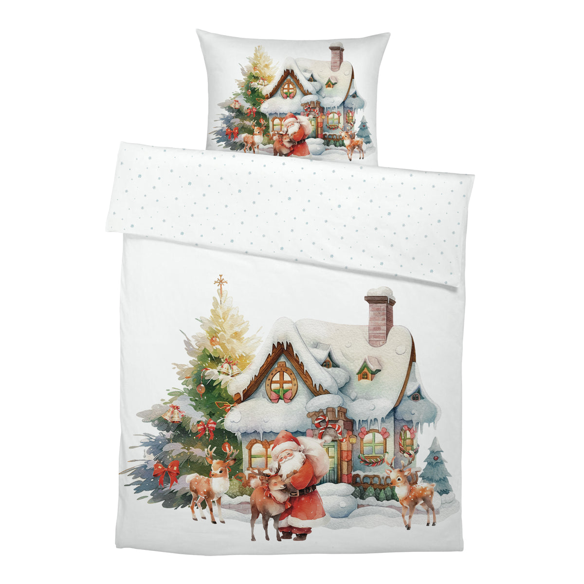 Leslis-Bettwäsche „Haus des Santa Claus“ mit passendem Kissen, vor weißem Hintergrund ausgebreitet.