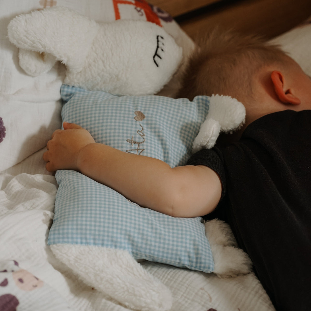 Kind schläft mit einem Kuschelschaf mit blau-weiß kariertem Stoffkörper im Arm.