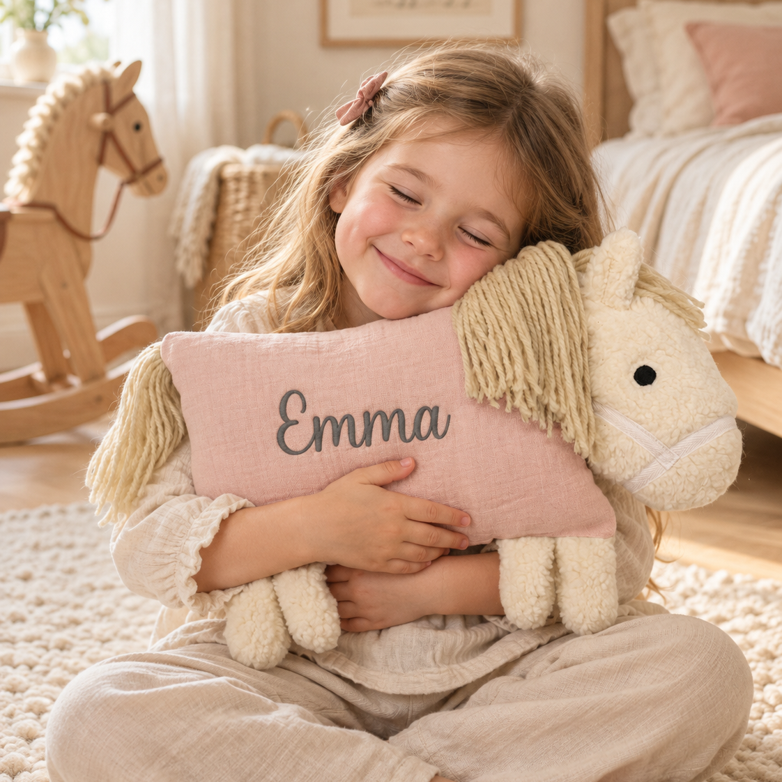 Kind umarmt ein rosa Kuschelpferd mit aufgesticktem Namen „Emma“.