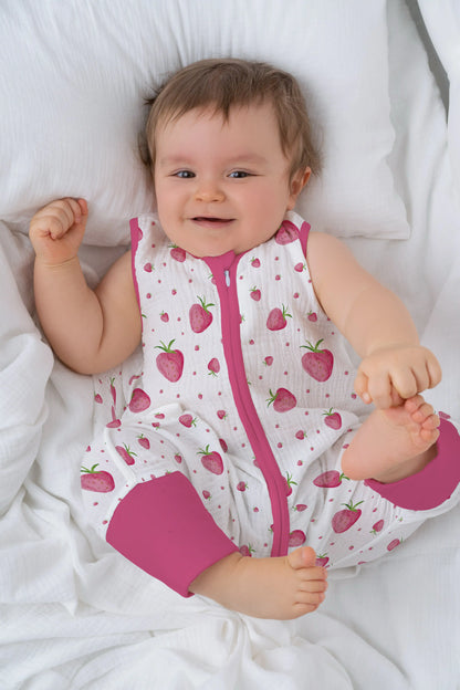 "Strawberries" Premium sleeping bag with feet made of muslin 0.5 TOG