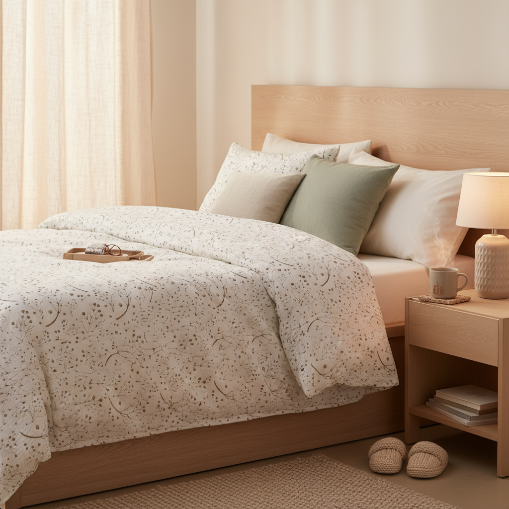 Doppelbett mit Leslis-Bettwäsche „Feine Zweige“, hellen Kissen und einem Holz-Nachttisch.