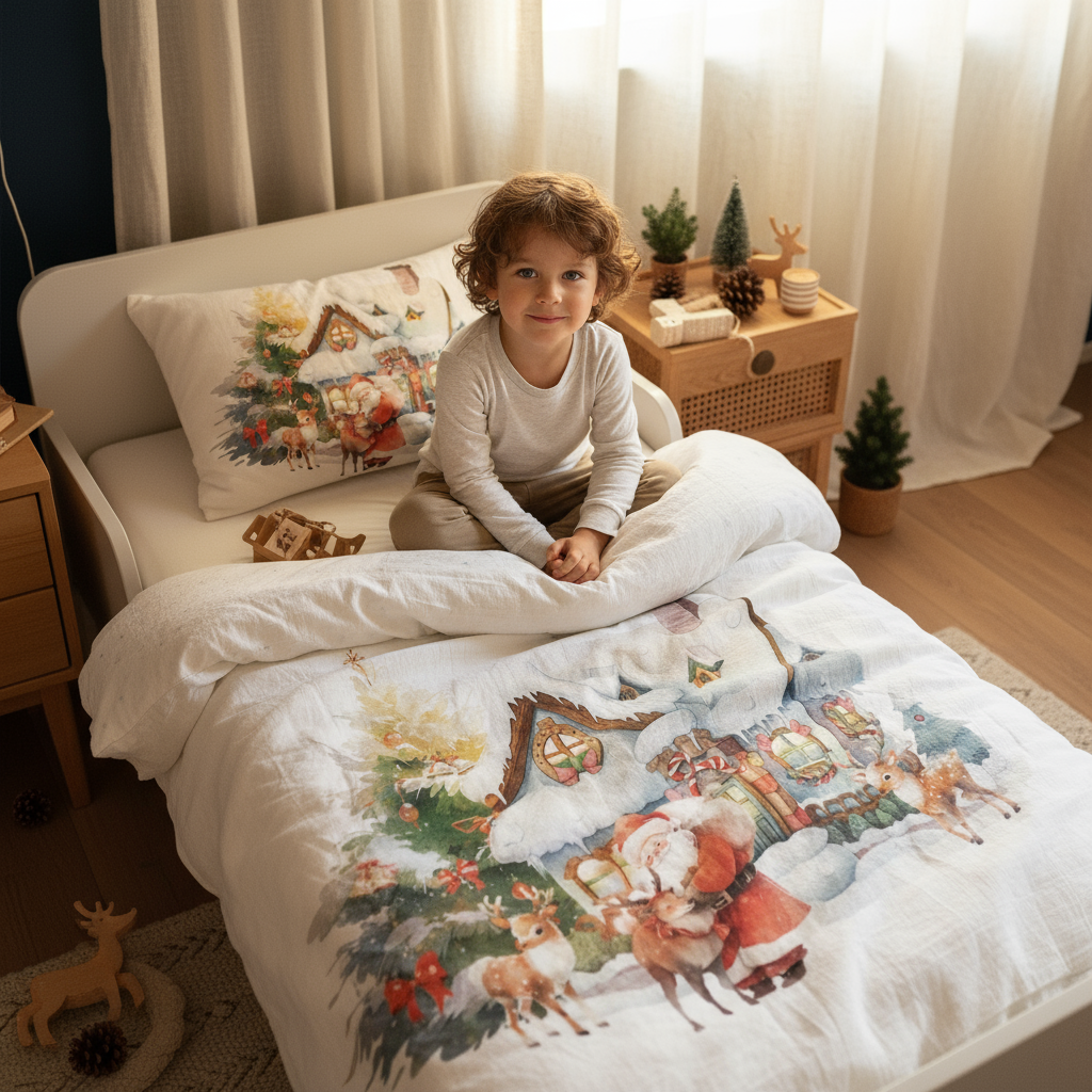 Kind sitzt auf Leslis-Kinderbettwäsche „Haus des Santa Claus“ im Holzbett.