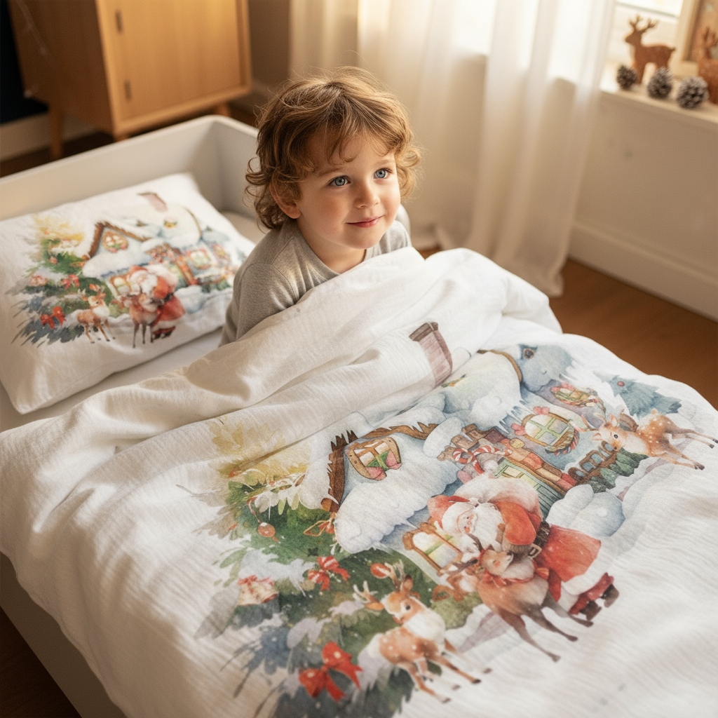 Kind schaut seitlich über die Bettdecke mit dem Leslis-Motiv „Haus des Santa Claus“.