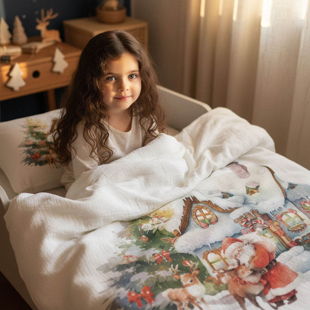 Kind sitzt im Bett unter Leslis-Kinderbettwäsche „Haus des Santa Claus“.