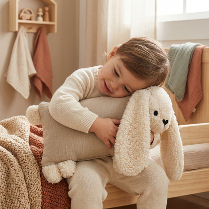 Kind umarmt einen beigen Kuschelhasen mit langen Schlappohren.