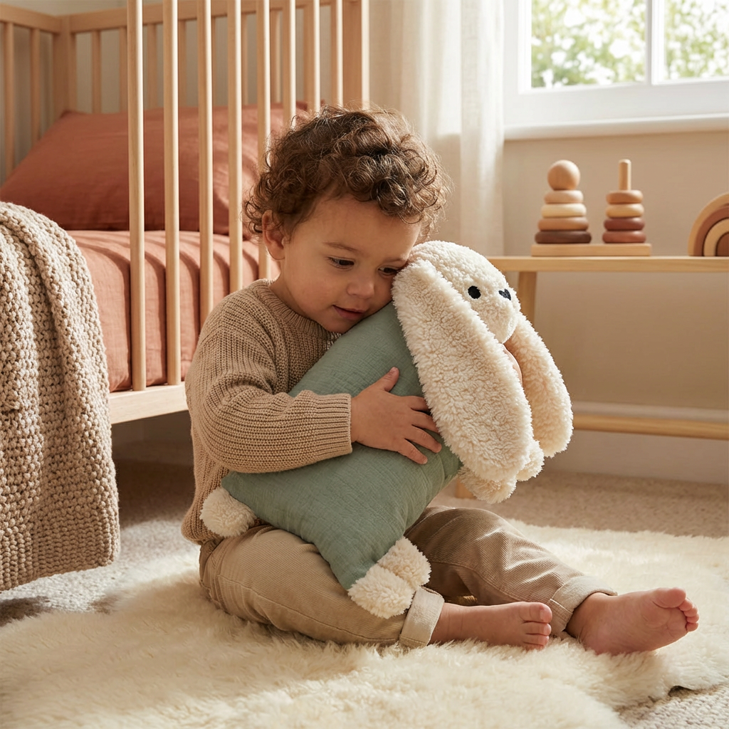 Kind sitzt auf dem Boden und umarmt einen salbeigrünen Kuschelhasen.
