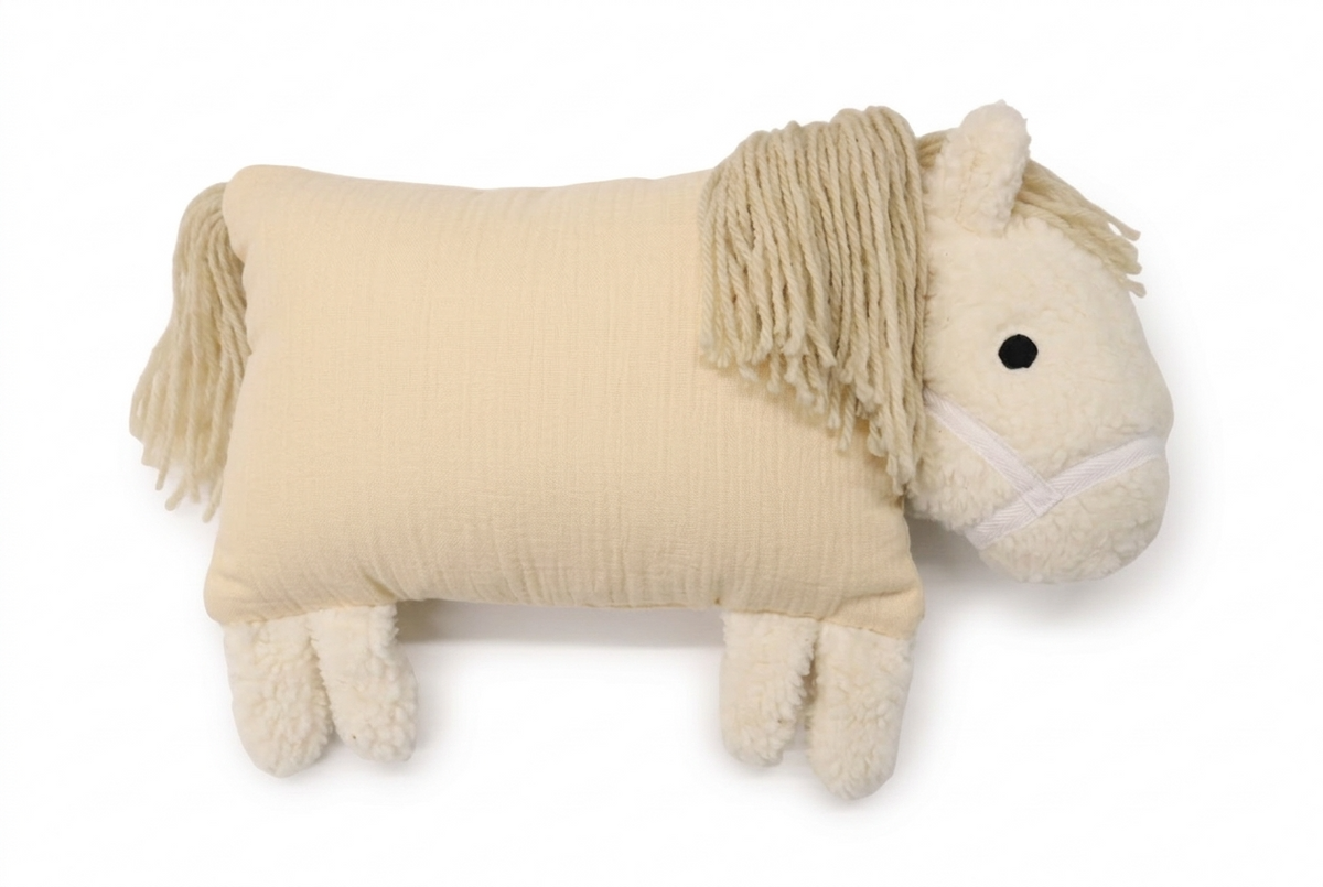 Naturfarbenes Kuschelpferd mit heller Mähne, Stoffkörper und weichen Beinen.