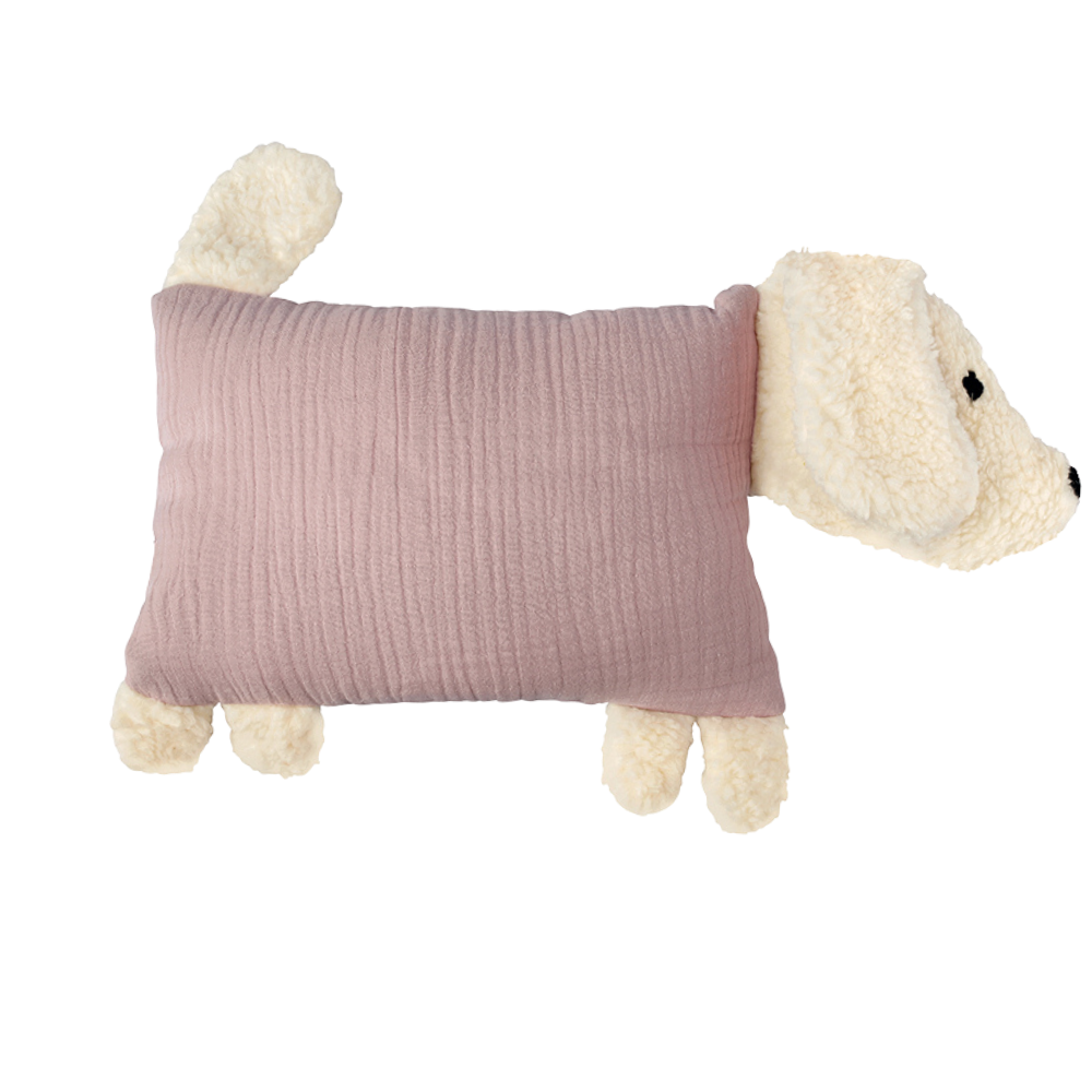 Kuschelhund in zartem Rosa mit weichem Kopf und Schlappohren.