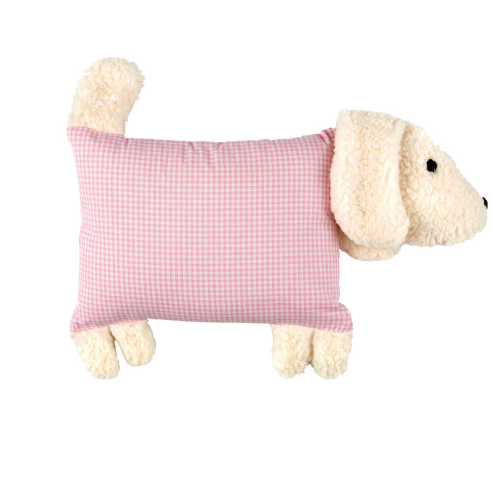 Kuschelhund mit rosa-weißem Vichykaro auf dem Stoffkörper.