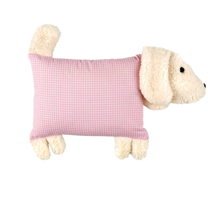Kuschelhund mit rosa-weißem Vichykaro auf dem Stoffkörper.