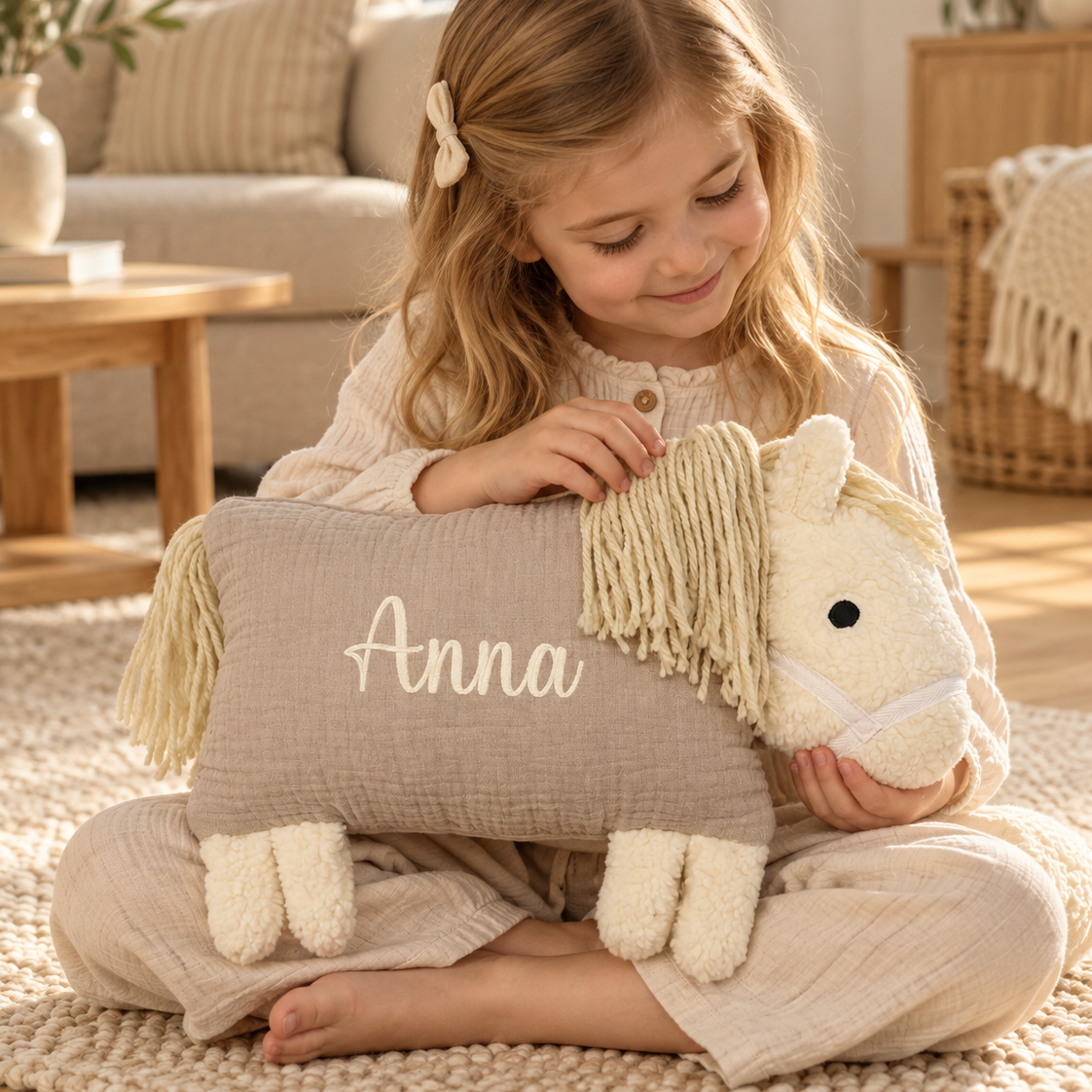 Kind hält ein beiges Kuschelpferd mit aufgesticktem Namen „Anna“ im Arm.