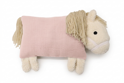 Kuschelpferd in zartem Rosa mit heller Mähne und weichen Beinen.