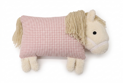 Kuschelpferd mit rosa-weißem Vichykaro und heller Mähne.