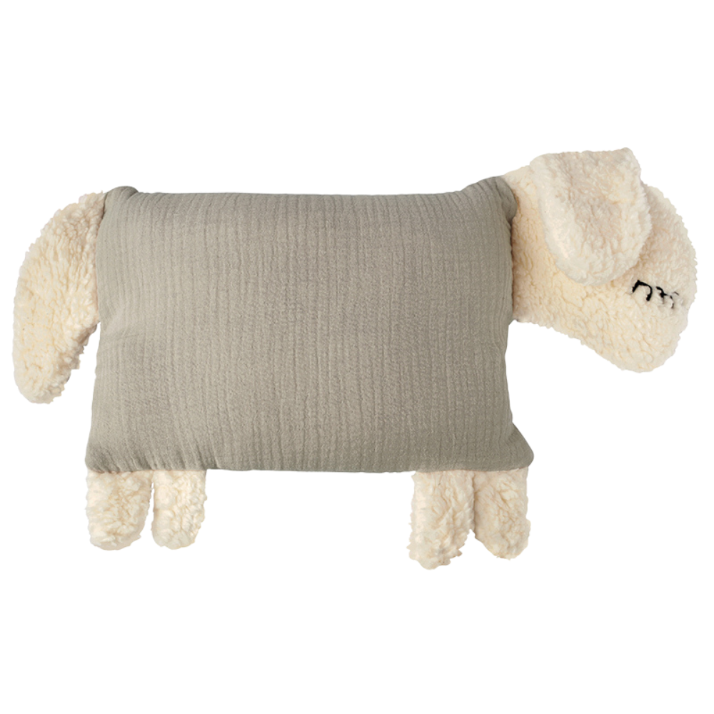 Beiges Kuschelschaf mit rechteckigem Stoffkörper und weichem Kopf.