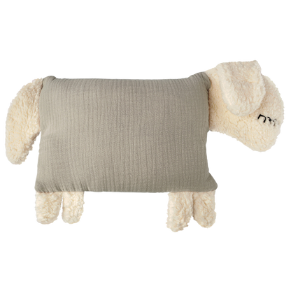 Beiges Kuschelschaf mit rechteckigem Stoffkörper und weichem Kopf.