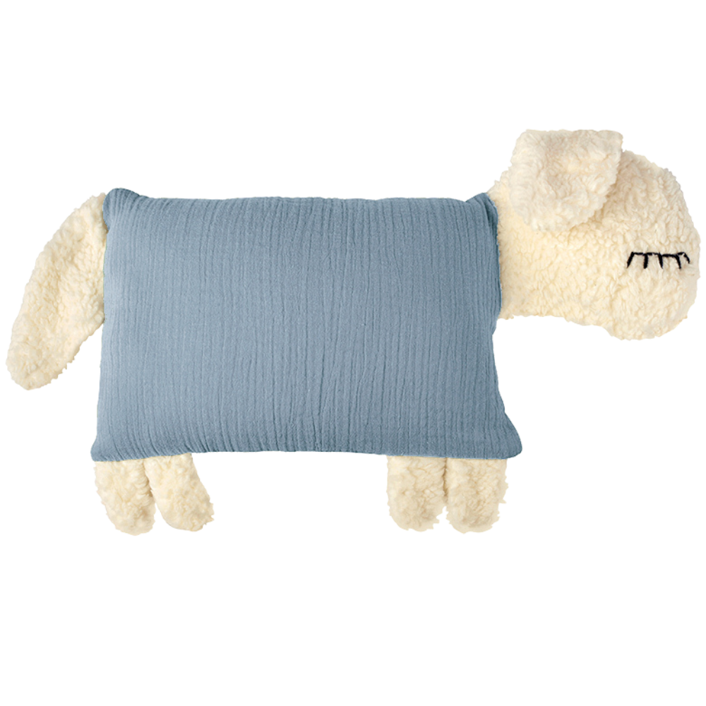 Hellblaues Kuschelschaf mit weichem Kopf und weichen Beinen.