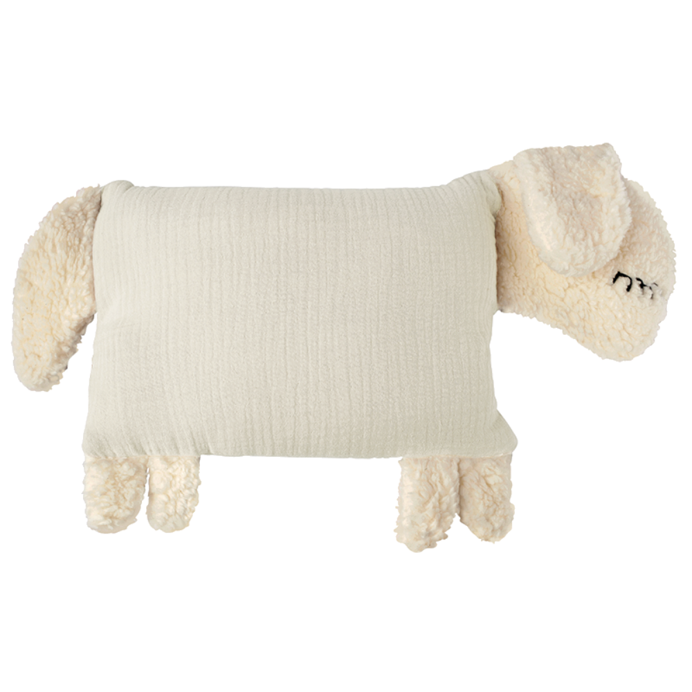 Naturfarbenes Kuschelschaf mit rechteckigem Stoffkörper und weichem Kopf.
