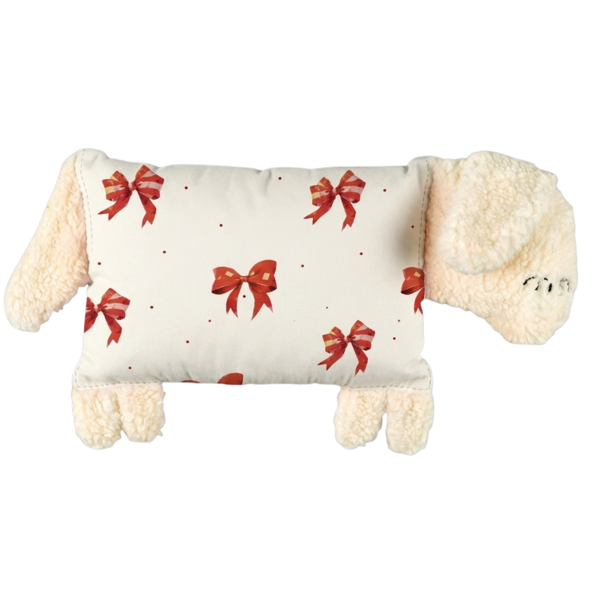 Kuschelschaf mit roten Schleifen auf hellem Stoffkörper.