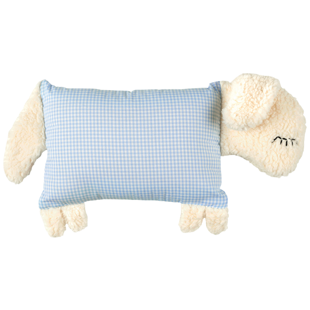 Kuschelschaf mit blau-weißem Vichykaro auf dem Stoffkörper.