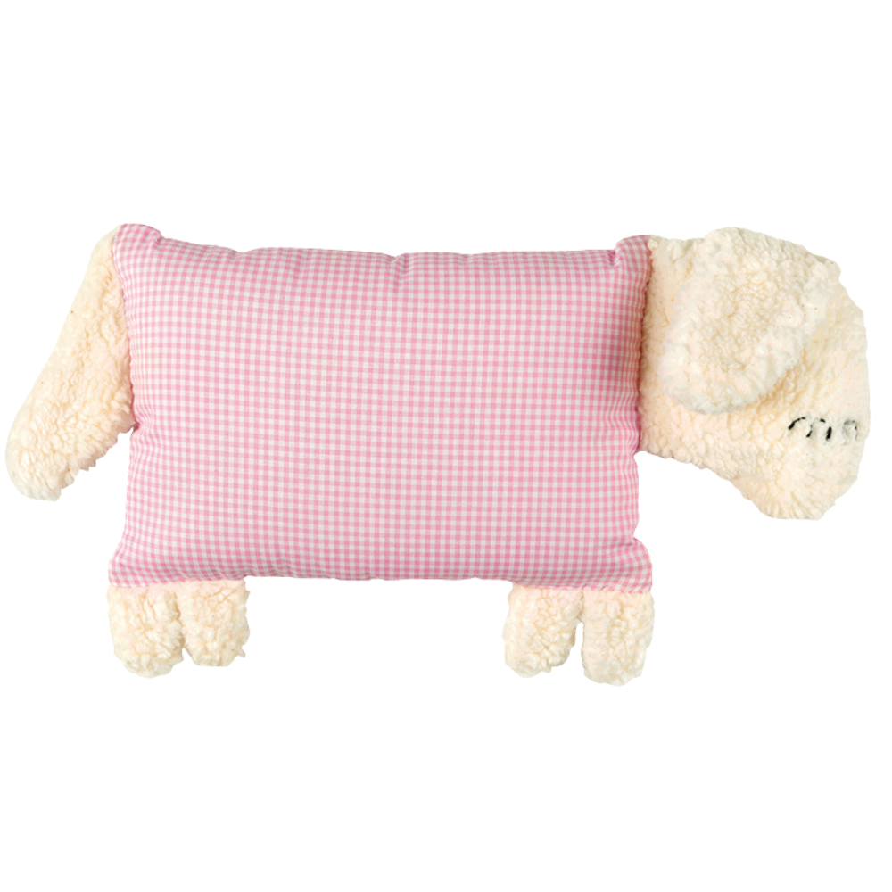 Kuschelschaf mit rosa-weißem Vichykaro auf dem Stoffkörper.
