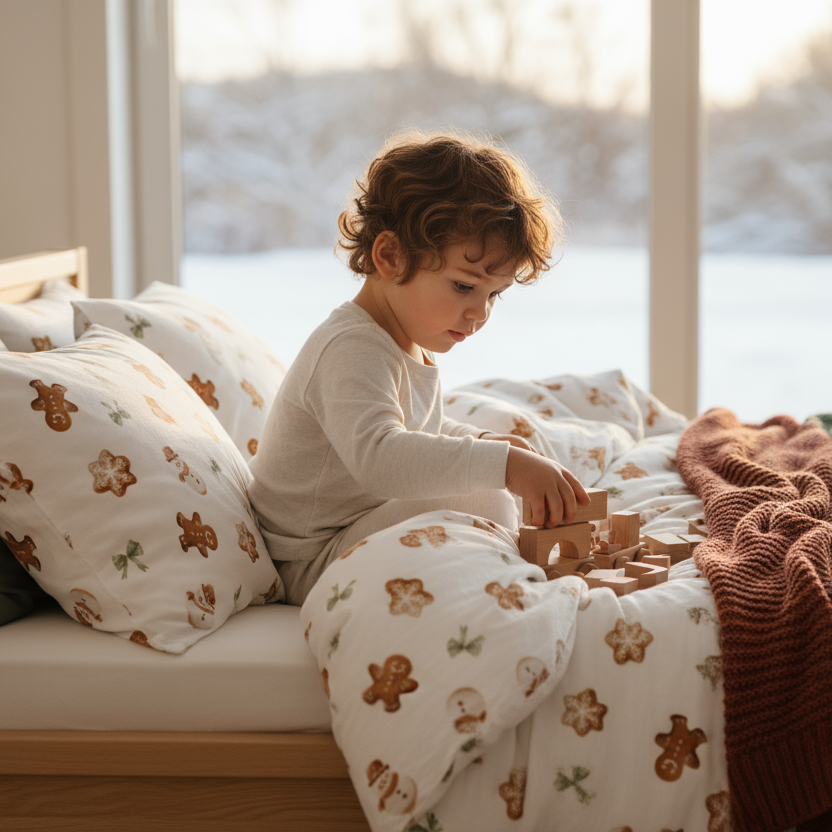 Kind sitzt mit einem Buch im Bett mit Leslis-Kinderbettwäsche „Lebkuchenmännchen“.
