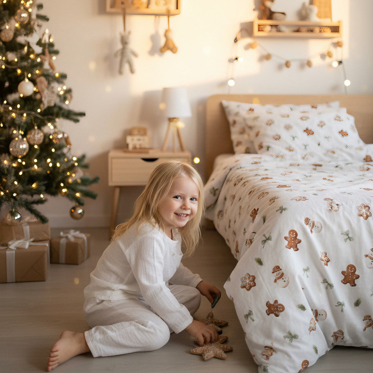 Kind sitzt mit einem Stoffhasen vor einem Bett mit Leslis-Bettwäsche „Lebkuchenmännchen“ und Weihnachtsbaum.