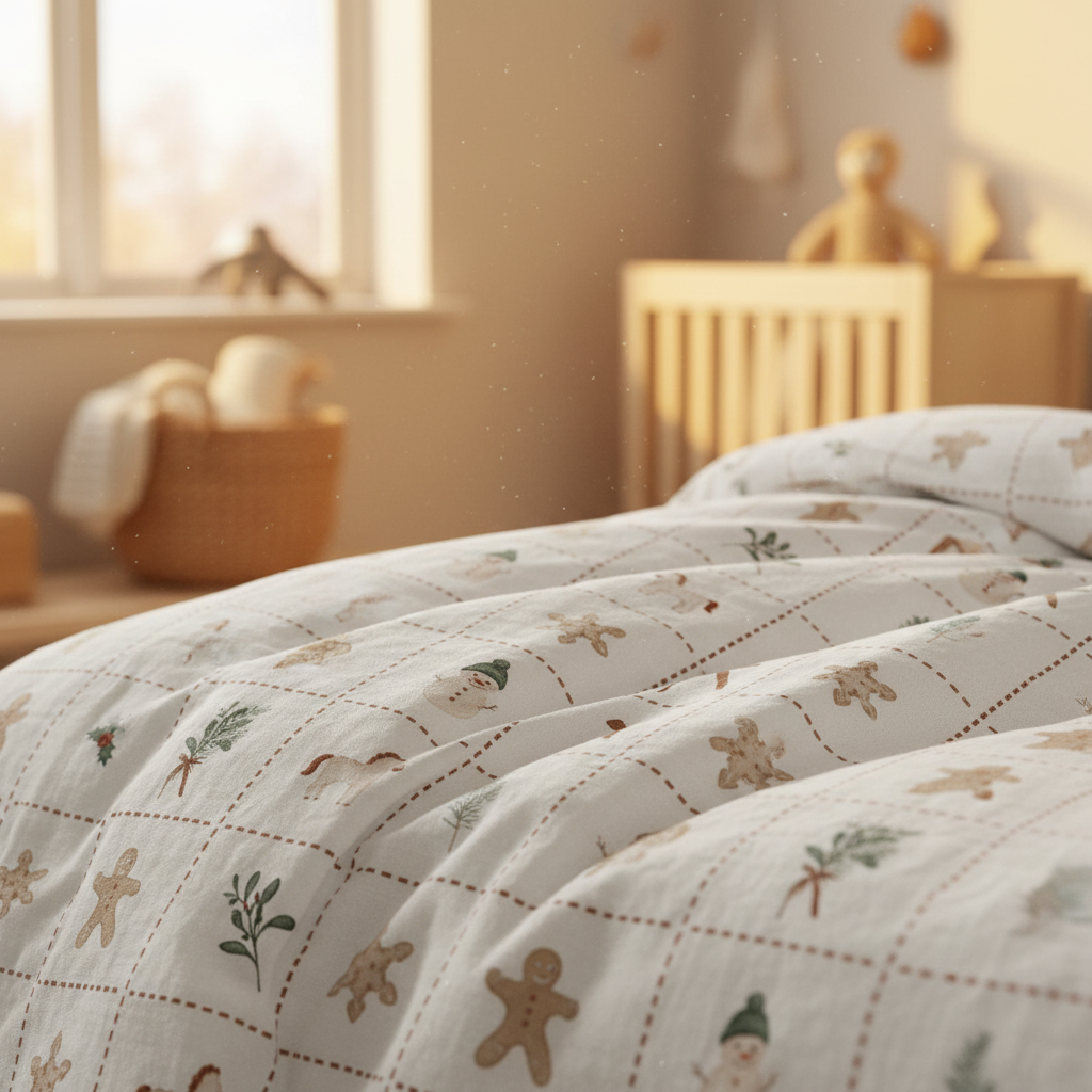Nahansicht der Leslis-Kinderbettwäsche „Merry Patch“ mit weihnachtlichen Motiven in kleinen Feldern.