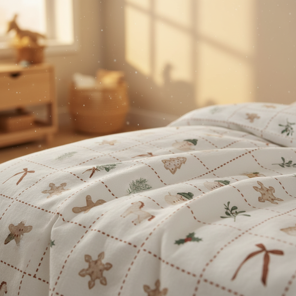 Leslis-Kinderbettwäsche „Merry Patch“ mit kleinen Weihnachtsmotiven im warmen Sonnenlicht.