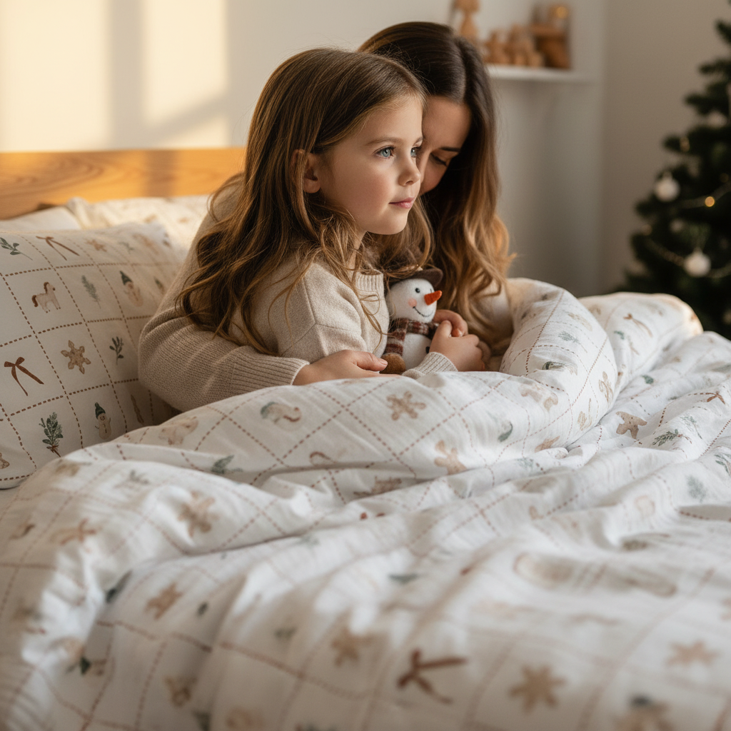 Kind hält eine Tasse im Bett mit Leslis-Kinderbettwäsche „Merry Patch“.