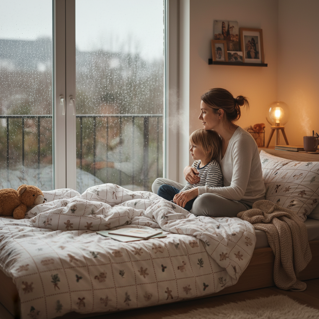Eine erwachsene Person sitzt mit einem Kind im Bett mit Leslis-Kinderbettwäsche „Merry Patch“.