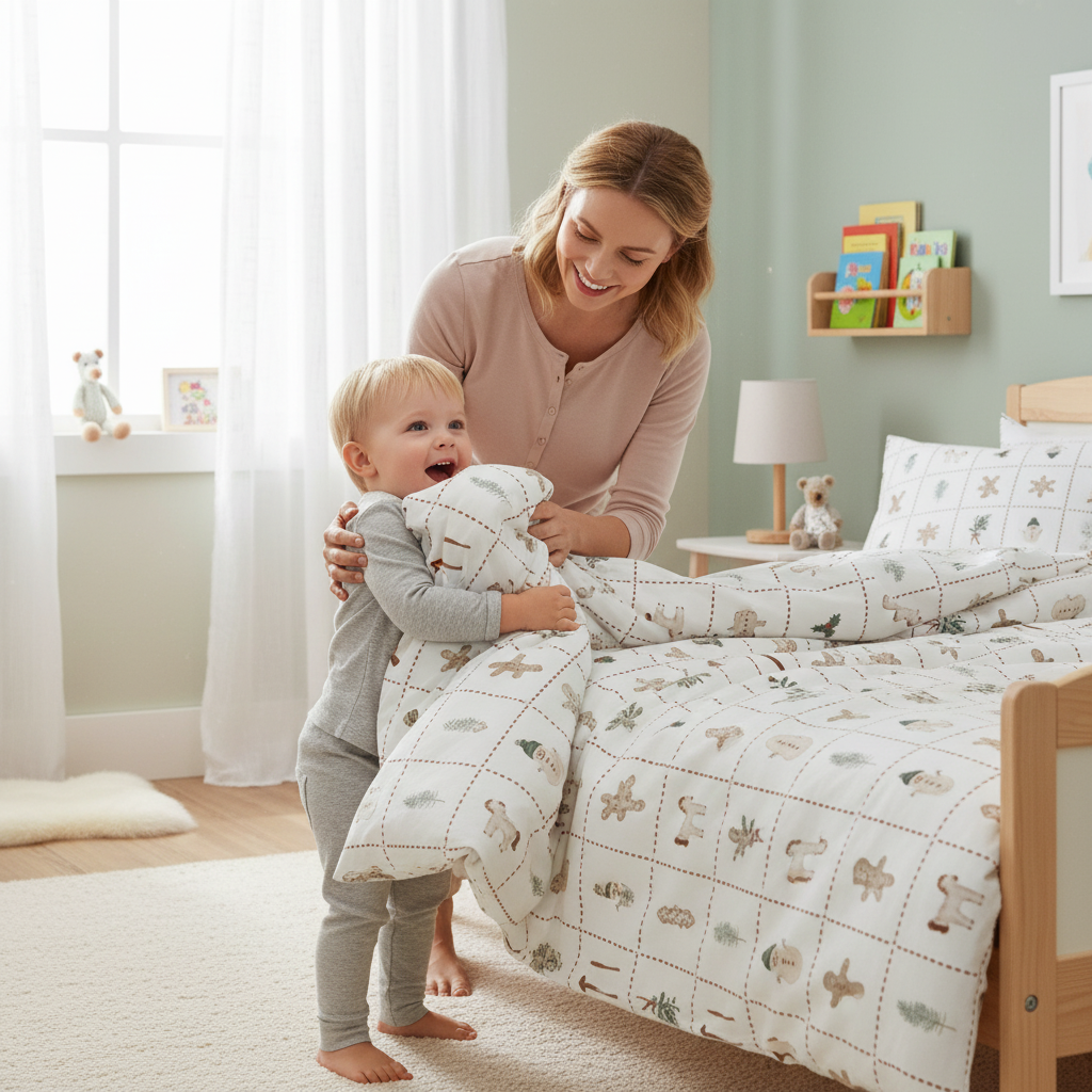 Eine erwachsene Person steht mit einem Kleinkind neben einem Bett mit Leslis-Kinderbettwäsche „Merry Patch“.