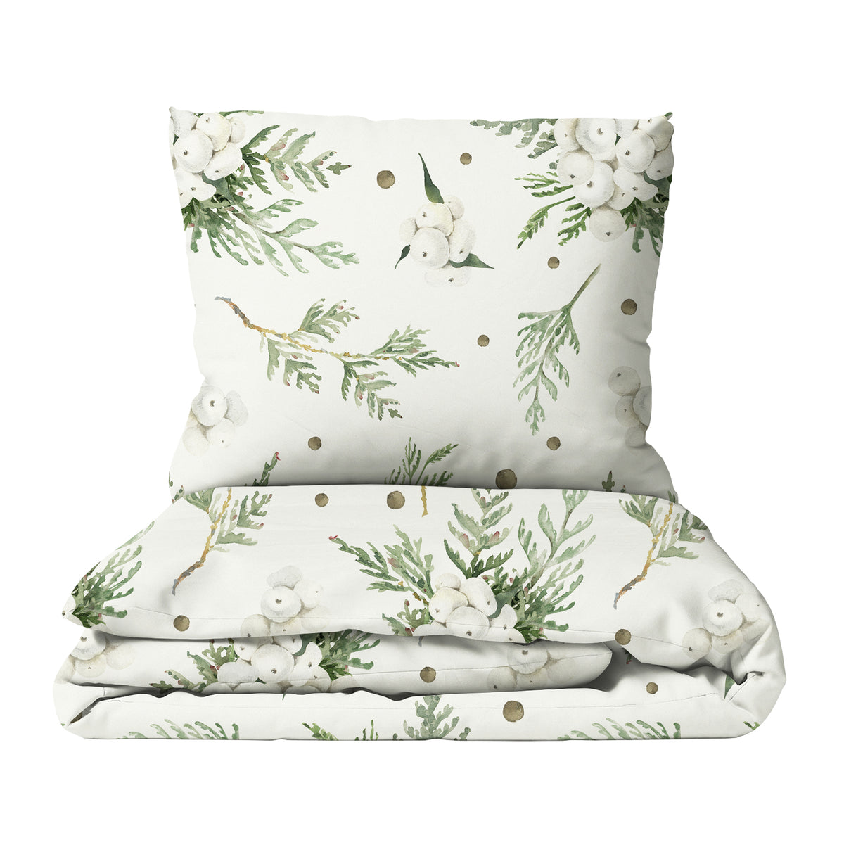 Gefaltete Leslis-Bettwäsche „Snowberry“ mit grünen Zweigen und passendem Kissen.