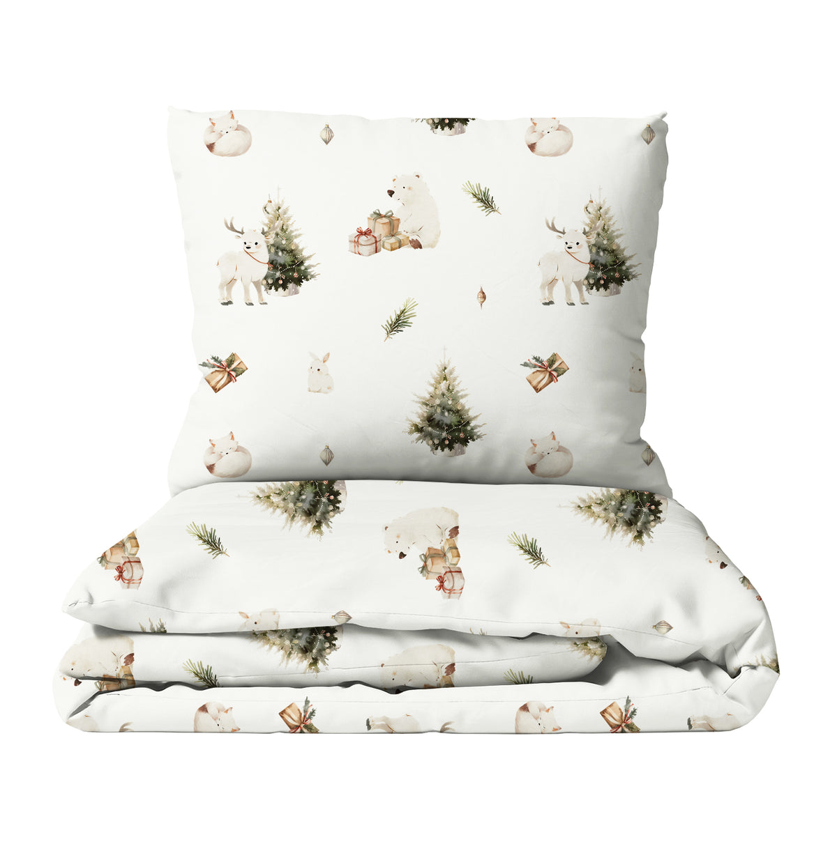 Gefaltete Leslis-Kinderbettwäsche „Winterwald“ mit Waldmotiven und passendem Kissen.