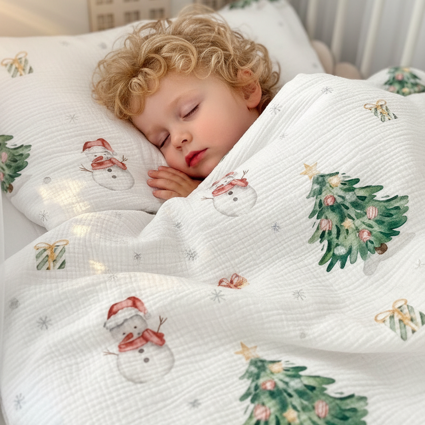 Kind schläft unter Leslis-Kinderbettwäsche „Schneemann“ mit winterlichen Motiven.